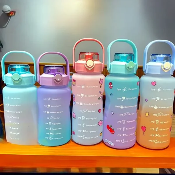 2 Liter New Outdoor Large Capacity Sport Water Bottle Gradient Kettle Bomb Cover Straw Cup With Time Marker Leakproof for Gym